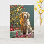 Carte Noël Golden Retriever avec cadeaux de vacances (Fleur jaune)