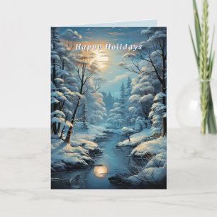 Carte Noël Hiver Forêt Rivière Pleine Lune 