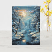 Carte Noël Hiver Forêt Rivière Pleine Lune (Fleur jaune)