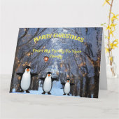 Carte Noël hiver Neige & Arbres & Famille de Pingouins (Fleur jaune)