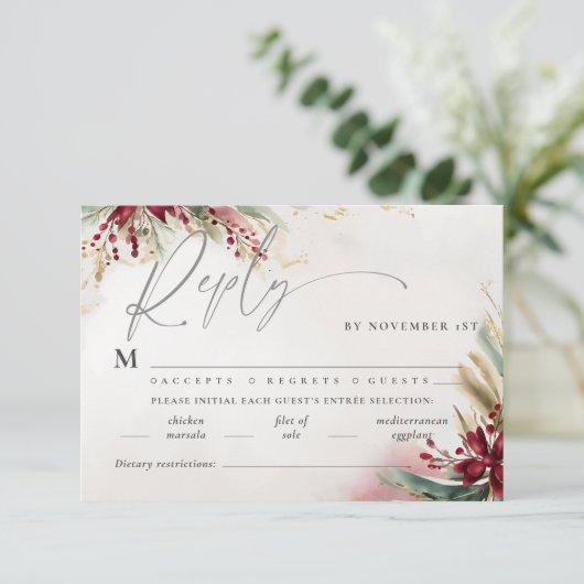 Carte Noël Hiver Vert Bow Repas Bow Repas Mariage RSVP (Debout devant)
