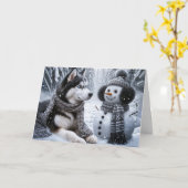 Carte Noël Husky et Snowman Dans les Bois d'hiver (Fleur jaune)