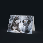 Carte Noël Husky et Snowman Dans les Bois d'hiver<br><div class="desc">Un mignon chien écossais aux yeux bleus et un bonhomme de neige en flocons de neige pour Noël. Le texte peut être modifié.</div>
