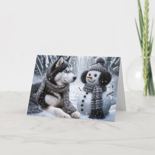 Carte Noël Husky et Snowman Dans les Bois d'hiver