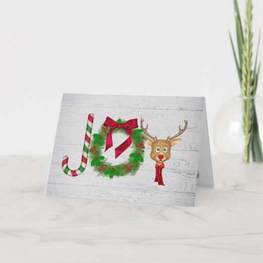 Carte Noël Joie sur le bois gris rustique avec des floco (Devant)