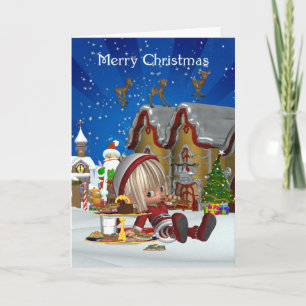 Carte Noël - Joli Elfe Et Village De Vacances
