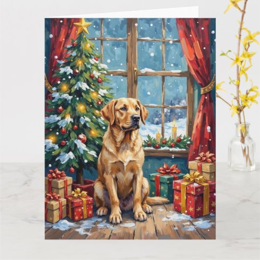 Carte Noël Labrador sous l'arbre (Fleur jaune)