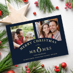 Carte Noël Marine Chic Luxury Golden 2 Photos Mariage<br><div class="desc">Christmas Navy Chic Luxury Golden Effect 2 Photos Mariage Enregistrer la date avec Envelope. Pour les couples MR et MRS, MRS et MRS, MR et MR. AVIS IMPORTANT : Ce design fait partie d'une collection et contient d'autres éléments coordonnés que vous pouvez trouver dans mon magasin. Parfois, il peut être...</div>