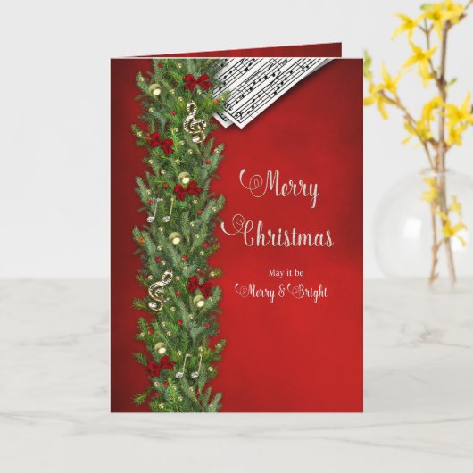 Carte Noël, Musique Notes, Rouge, Branche de pin, Joyeux (Fleur jaune)