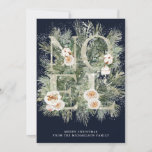 Carte Noël Noel Winter Pine Botanique Neige<br><div class="desc">Noel est épelé en lettres de parties scintillant argentées ornées de fleurs blanches. Ils sont nichés dans des branches de pins d'hiver qui sont enneigées. Deux lignes de texte blanc sont ci-dessous et vous permettent de personnaliser votre message. L'arrière - plan bleu foncé les rend vraiment pop.</div>