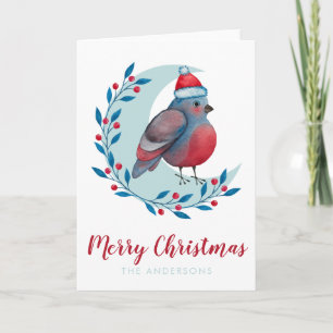 Carte Noël oiseau sur lune aquarelle personnalisée