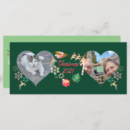 Carte Noël Père Noël et Reindeer 2 Photos Salutation (Devant / Derrière)