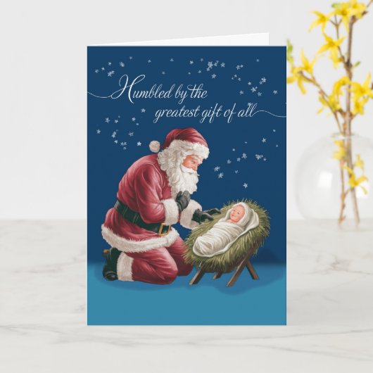 Carte Noël Père Noël Kneeling devant le bébé Jésus (Fleur jaune)
