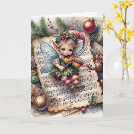Carte Noël Pixie Fairy Jouer un violon (Fleur jaune)