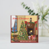 Carte Noël rétro avec des cadeaux d'arbre dans une chemi (Debout devant)