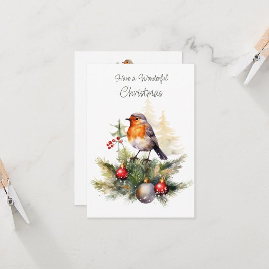 Carte Noël Robin Pine Baubles (Devant/Arrière en situation)