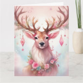 Carte Noël rose : Renne avec une fleur rose (Devant)