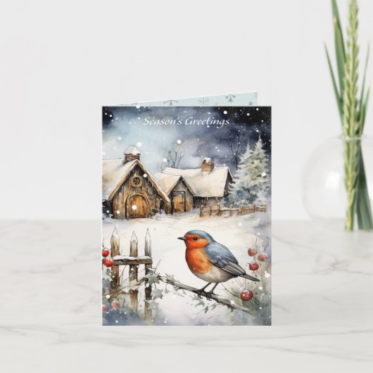 Carte Noël Rouge Poitrine Robin (Devant)