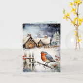 Carte Noël Rouge Poitrine Robin (Fleur jaune)
