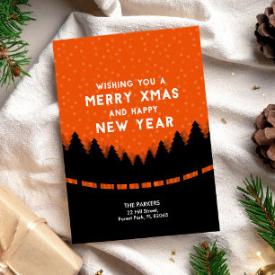 Carte Noël rouge tendance avec des arbres