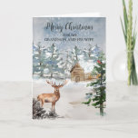 Carte Noël rustique de Deer Grandson et de sa femme<br><div class="desc">Joyeux Noël pour petit-fils et femme en loi carte avec un cabine couvert de neige rustique dans la forêt et verset réfléchi.</div>