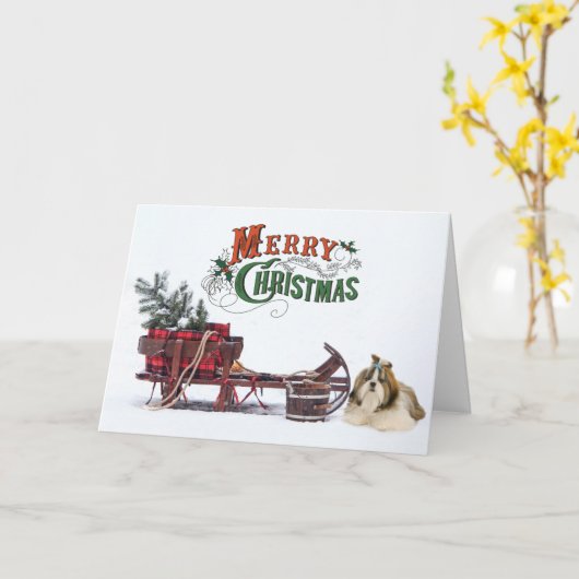 Carte Noël rustique Shih Tzu (Fleur jaune)