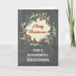 Carte Noël rustique Wreath Grandson Noël<br><div class="desc">Joyeux Noël pour carte petit-fils avec aquarelle rustique,  motif vintage et verset réfléchi.</div>