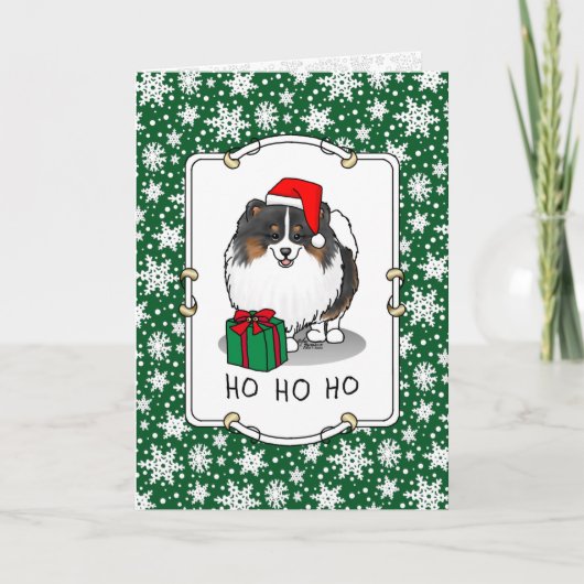 Carte Noël Santa Hat Pomeranian (tri-couleur) mignonne (Devant)