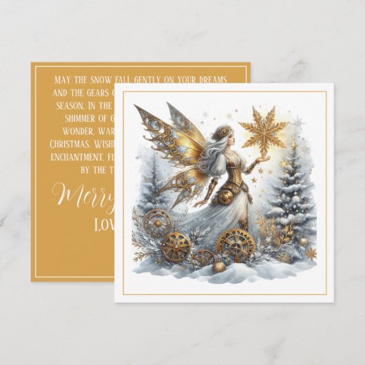 Carte Noël Steampunk – Fée dorée avec flocon de neige (Devant / Derrière)