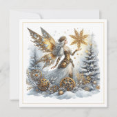 Carte Noël Steampunk – Fée dorée avec flocon de neige (Devant)