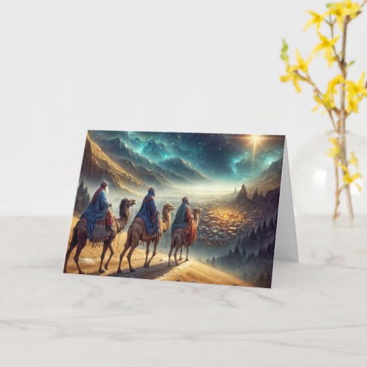 Carte Noël Trois Sages après une étoile (Fleur jaune)