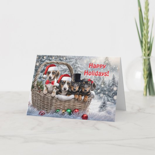 Carte Noël Vacances Salutations Cute Dachshund Chiots (Devant)