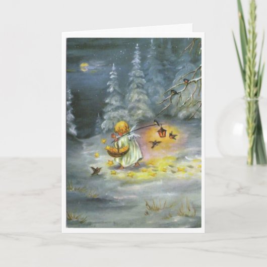 Carte Noël vintage - ange et panier des étoiles, (Devant)