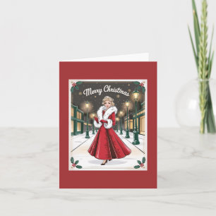 Carte Noël vintage en glam - Élégante dame en rouge