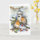 Carte Noël Vintage - Oiseaux et baies de Holly, (Fleur jaune)