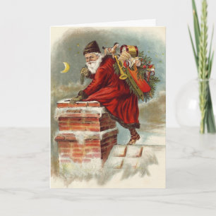 Carte Noël vintage victorien Saint Nicolas sur le toit
