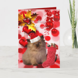 Carte Noël Xmas Chat Chapeau Cœurs