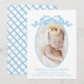 Carte Nœud ruban bleu aquarelle Gingham bébé garçon (Devant / Derrière)