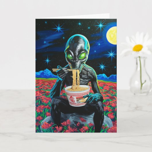 Carte Noir Alien Vert Yeux Manger Des Nouilles Toutes Le (Petite plante)