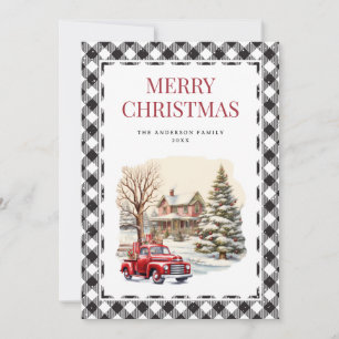 Carte Noir Blanc Plaid Red Truck Joyeux Noël