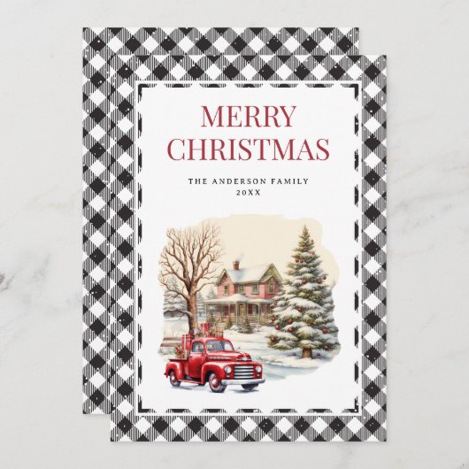 Carte Noir Blanc Plaid Red Truck Joyeux Noël (Devant / Derrière)