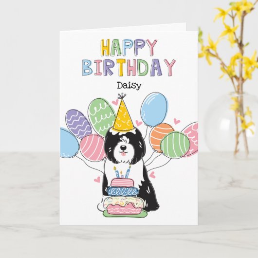 Carte Noir blanc Tibétain Terrier Chien fête d'anniversa (Fleur jaune)