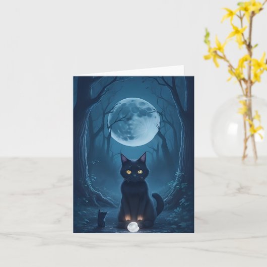 Carte Noir Chat Éffrayant Forêt brillante blanc cristal (Fleur jaune)