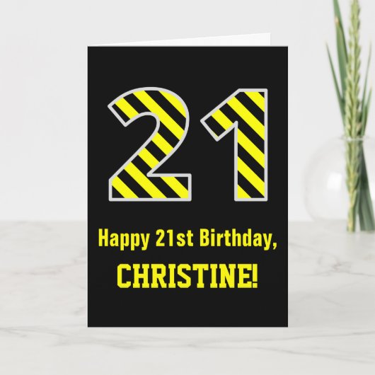 Carte Noir et Jaune rayé "21"; 21e anniversaire + nom (Devant)