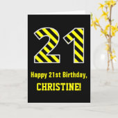 Carte Noir et Jaune rayé "21"; 21e anniversaire + nom (Fleur jaune)
