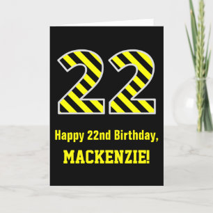 Carte Noir et jaune rayé "22"; 22e anniversaire + nom