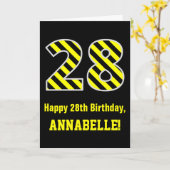 Carte Noir et jaune rayé "28"; 28e anniversaire + nom (Fleur jaune)