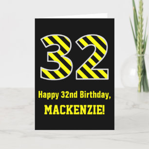 Carte Noir et jaune rayé "32"; 32e anniversaire + nom