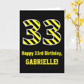 Carte Noir et jaune rayé "33"; 33e anniversaire + nom (Fleur jaune)