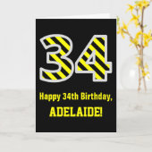 Carte Noir et Jaune rayé "34"; 34e anniversaire + nom (Fleur jaune)